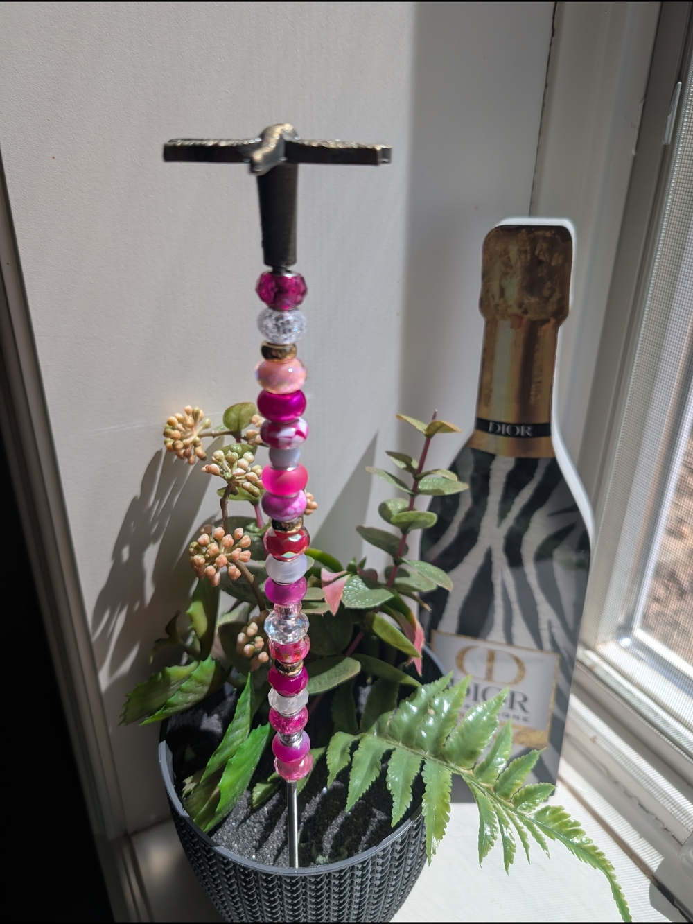 Beaded Fairy Wand/Plant/Garden Stake W/Metal Dragonfly Topper - Picture 3 of 4